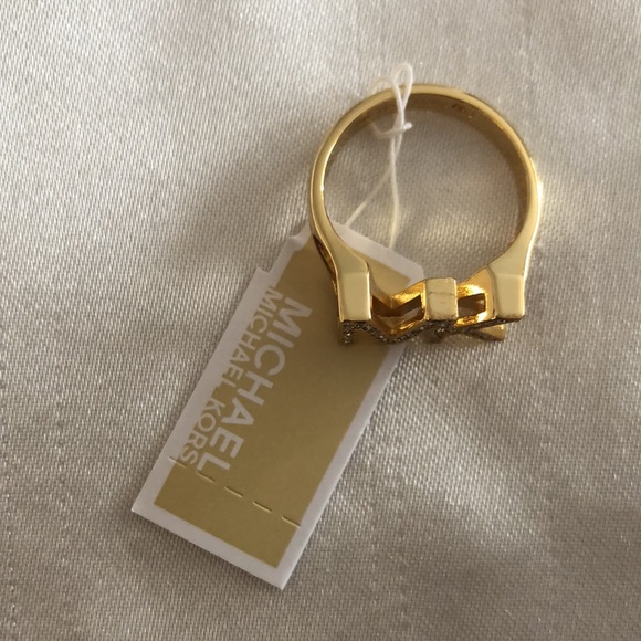 Michael Kors Gold Plated Brass Gold Tone MK Logo Ring Crystal Accents Size 8 NWT - Picture 8 of 13